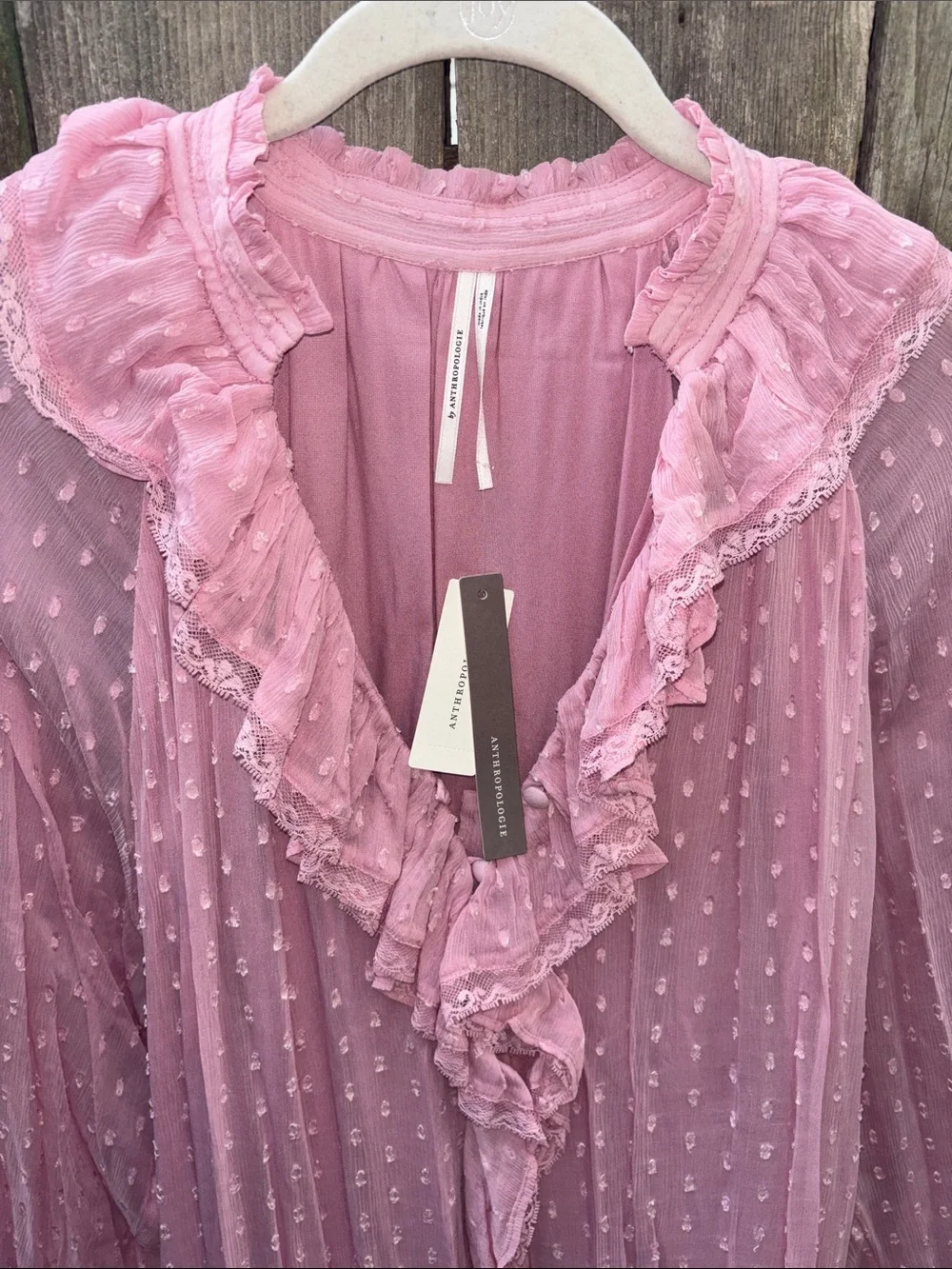 Anthropologie Pink Ruffle Swiss-Dot Long Sleeve Dress
